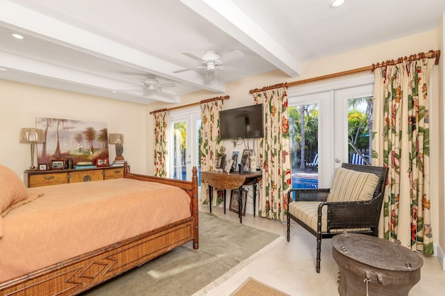 bedroom featuring access to exterior, french doors, ceiling fan, and beamed ceiling