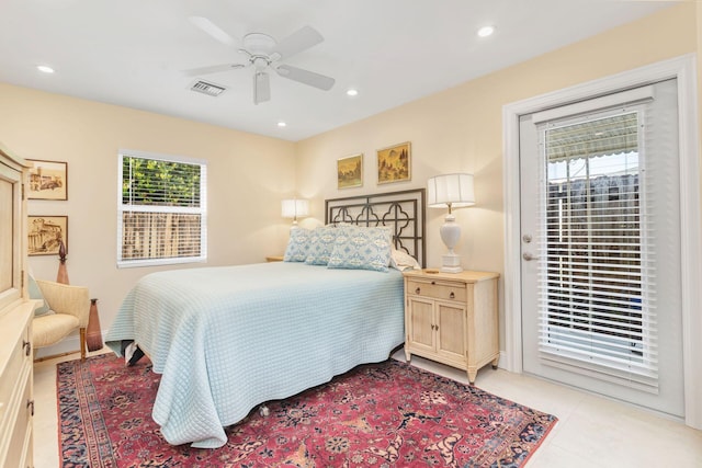 bedroom featuring light tile patterned floors, access to outside, and ceiling fan