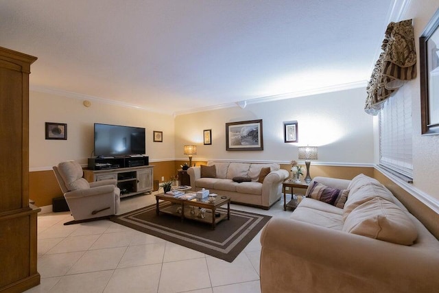 living room featuring light tile patterned floors and ornamental molding