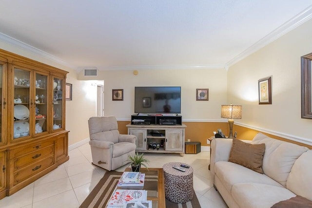 living room with light tile patterned floors and ornamental molding