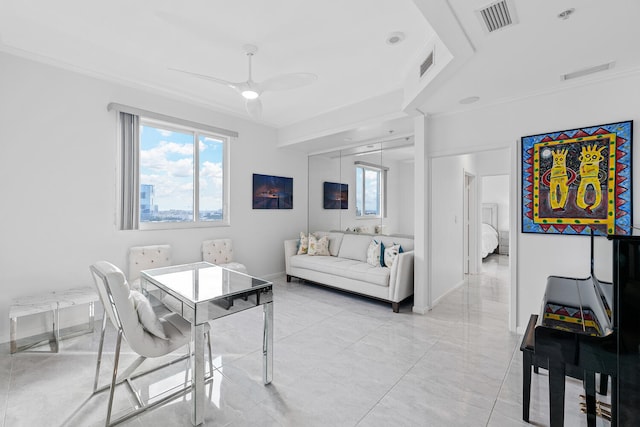 living room featuring ceiling fan