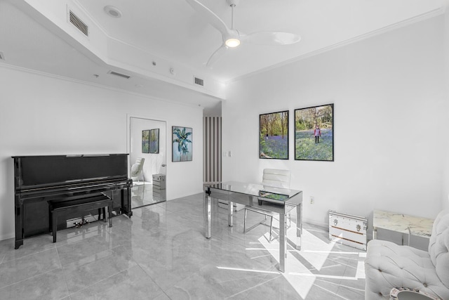 home office with ornamental molding and ceiling fan