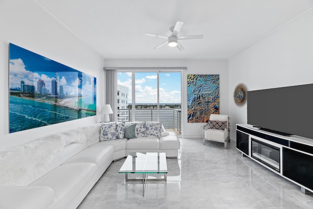 living room featuring ceiling fan