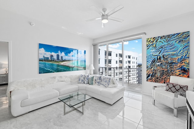 living room featuring ceiling fan