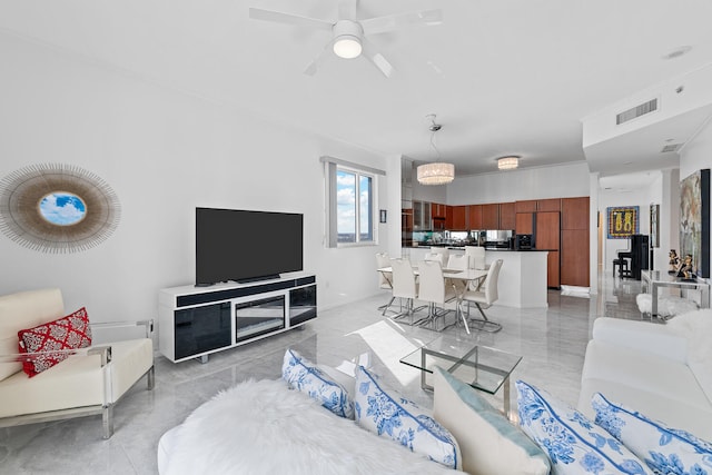 living room featuring ceiling fan