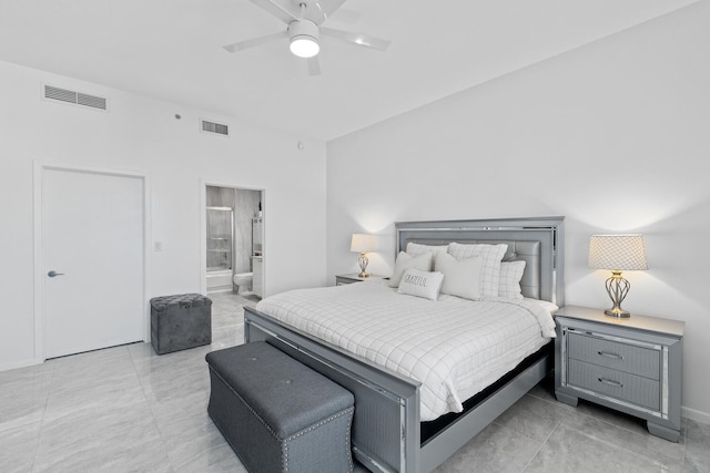 bedroom featuring ceiling fan and connected bathroom