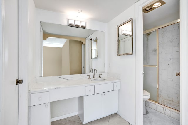 bathroom featuring walk in shower, vanity, toilet, and tile patterned flooring