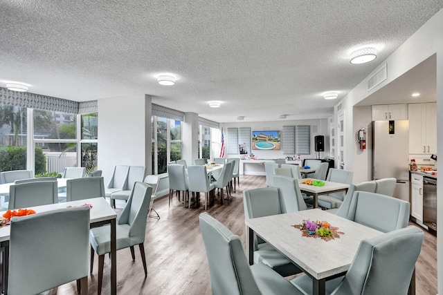 dining area featuring a healthy amount of sunlight, light hardwood / wood-style flooring, and a textured ceiling