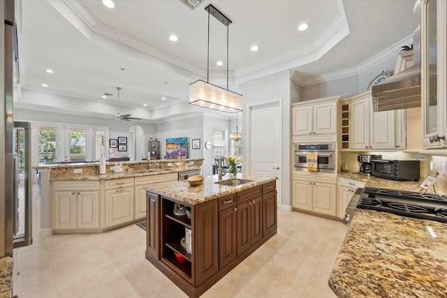 kitchen featuring a large island, a raised ceiling, decorative light fixtures, and crown molding