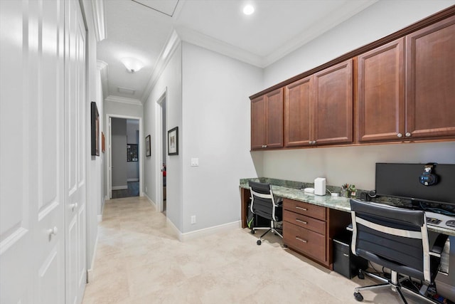 office with attic access, ornamental molding, and baseboards