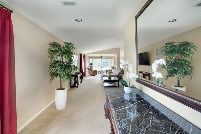 227 Legendary Cir, Palm Beach Gardens, FL 33418 - corridor with vaulted ceiling, carpet, baseboards, and recessed lighting