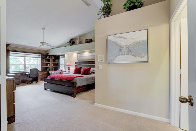 227 Legendary Cir, Palm Beach Gardens, FL 33418 - carpeted bedroom featuring an office area, vaulted ceiling, baseboards, and a ceiling fan