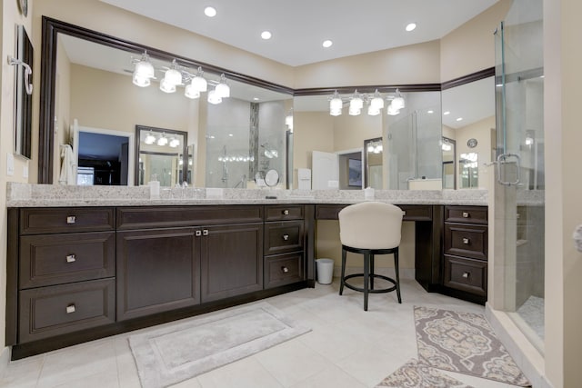 227 Legendary Cir, Palm Beach Gardens, FL 33418 - bathroom with a stall shower, tile patterned floors, vanity, and recessed lighting