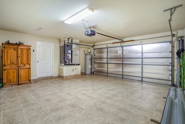 garage with water heater, a garage door opener, and heating unit