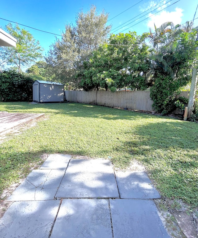 view of yard featuring a storage shed and a patio