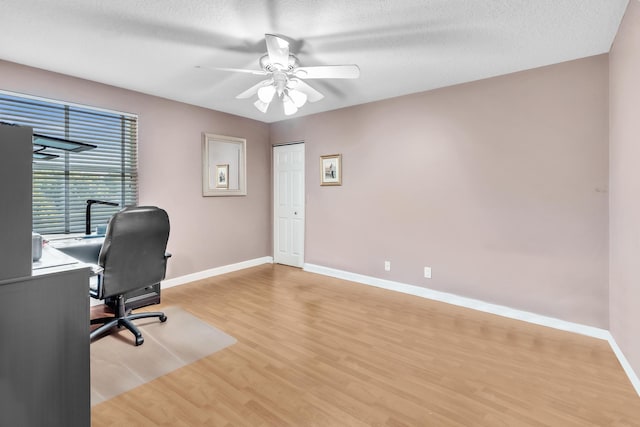 home office featuring ceiling fan, a textured ceiling, and light wood-type flooring