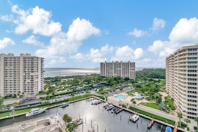 aerial view featuring a water view