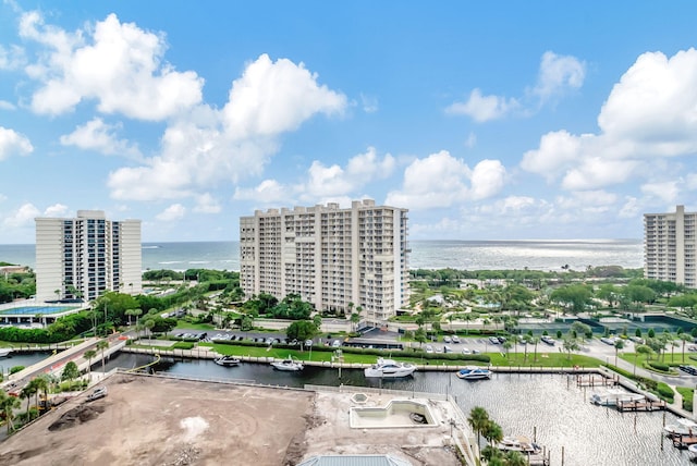 drone / aerial view with a water view