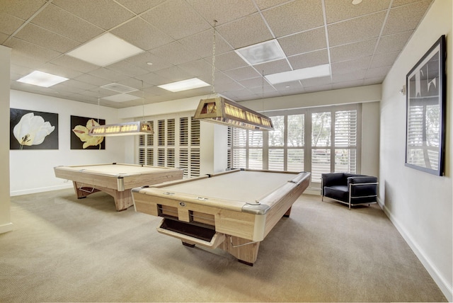 rec room with a drop ceiling, billiards, and carpet floors