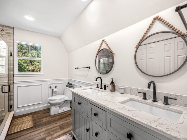 bathroom featuring walk in shower, vanity, hardwood / wood-style floors, toilet, and lofted ceiling