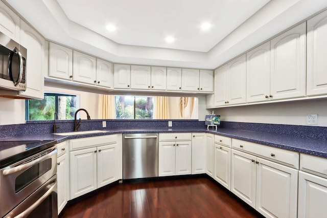 kitchen featuring white cabinetry, sink, appliances with stainless steel finishes, and dark hardwood / wood-style flooring