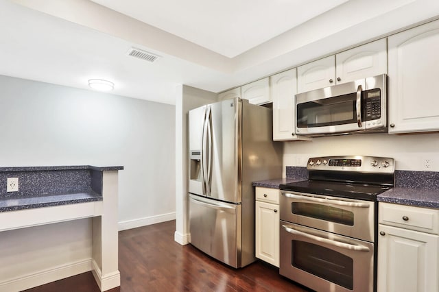 kitchen with dark hardwood / wood-style flooring, white cabinetry, and stainless steel appliances