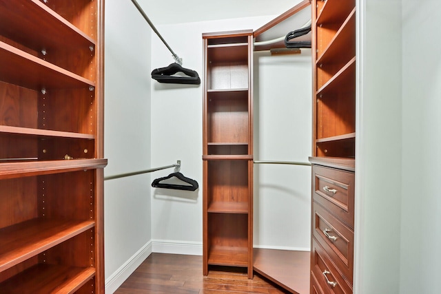 walk in closet with dark hardwood / wood-style flooring