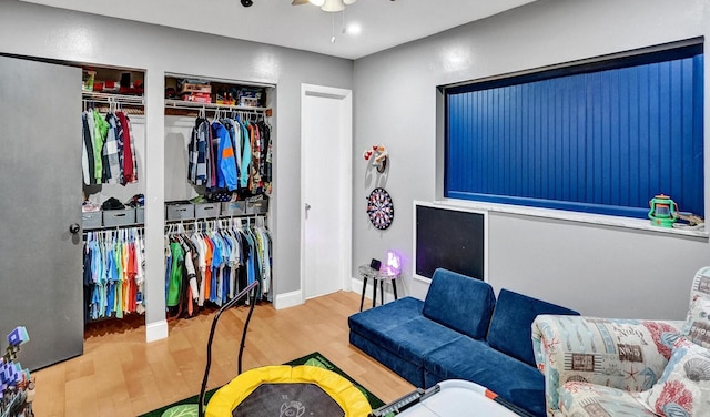 interior space featuring wood-type flooring and two closets