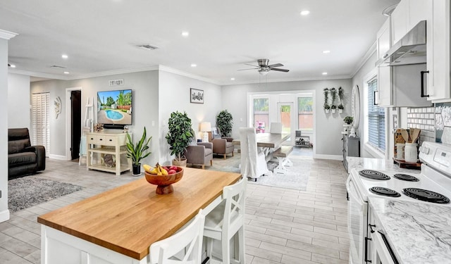 interior space featuring ceiling fan, crown molding, and light hardwood / wood-style flooring