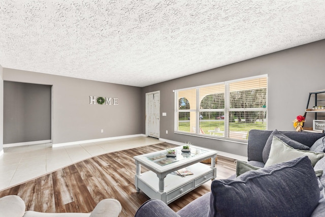 living room with hardwood / wood-style flooring and a textured ceiling