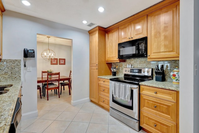 kitchen featuring light stone countertops, tasteful backsplash, light tile patterned floors, a chandelier, and stainless steel electric range