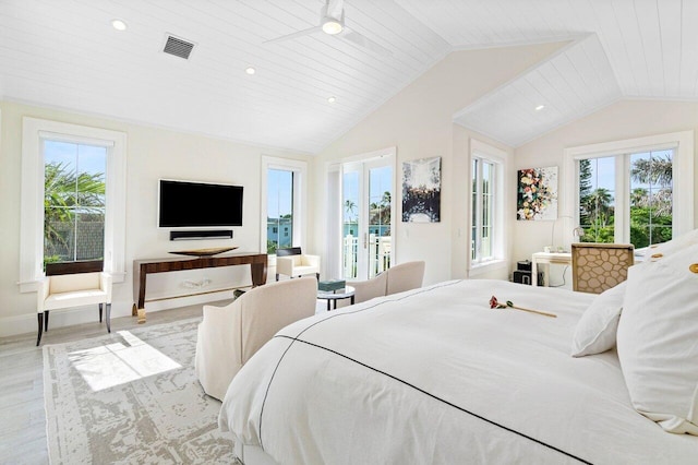 bedroom with wooden ceiling, multiple windows, and light wood-type flooring