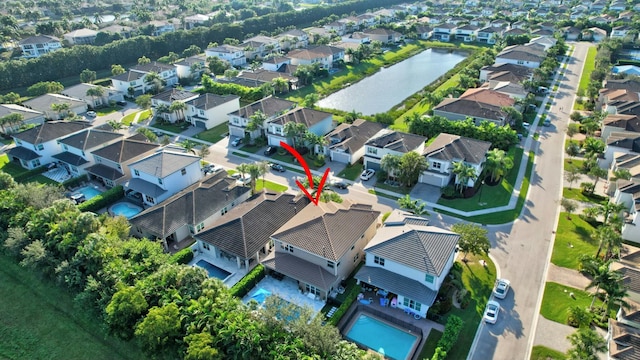 aerial view featuring a water view