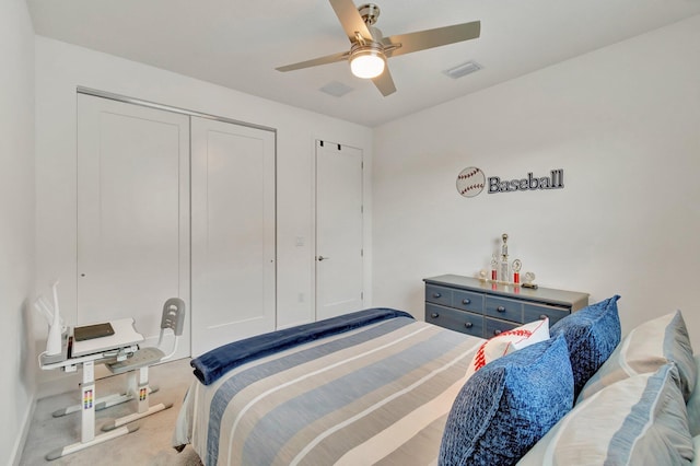 bedroom with light colored carpet and ceiling fan