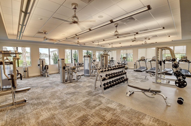 exercise room featuring ceiling fan