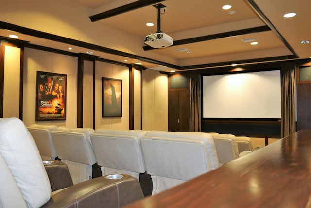 cinema room with a tray ceiling