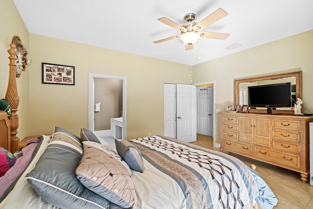 bedroom with ceiling fan and ensuite bath