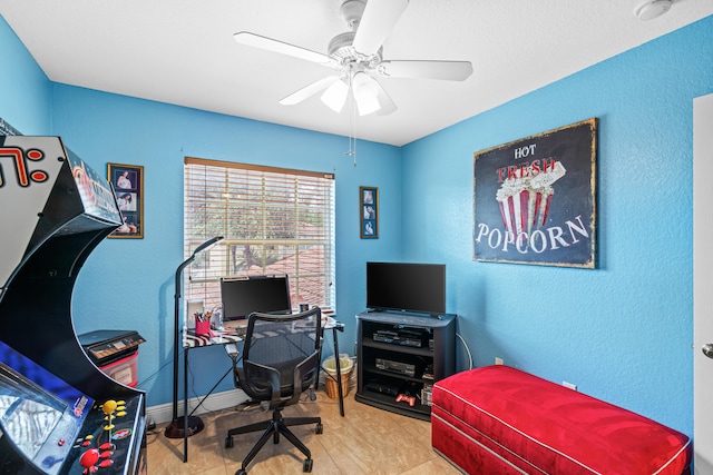 tiled bedroom with ceiling fan