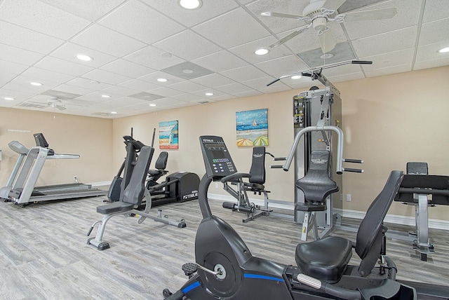 exercise room with hardwood / wood-style flooring, ceiling fan, and a drop ceiling