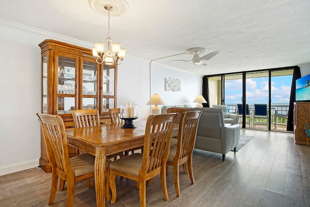 dining area with floor to ceiling windows, ornamental molding, ceiling fan with notable chandelier, a textured ceiling, and dark hardwood / wood-style flooring