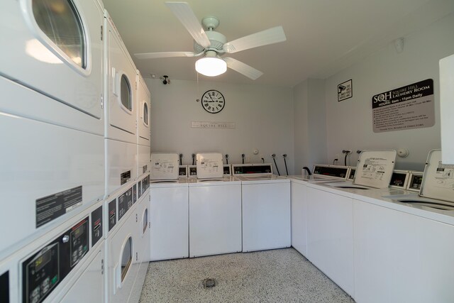 community laundry room featuring ceiling fan, independent washer and dryer, and stacked washer / drying machine