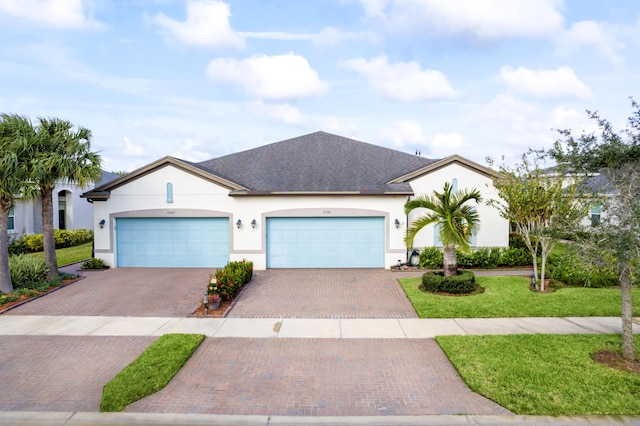 view of front of home featuring a front yard and a garage