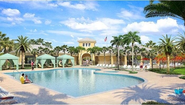 view of pool with a gazebo and a patio