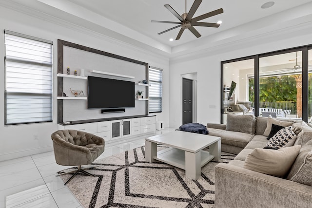 living room featuring ceiling fan