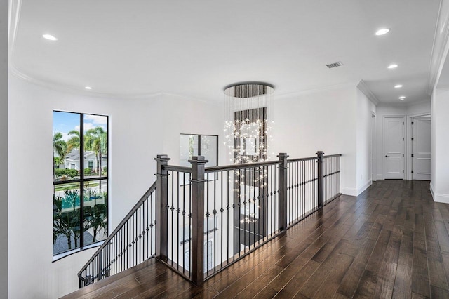 hallway featuring a notable chandelier, dark hardwood / wood-style floors, and crown molding