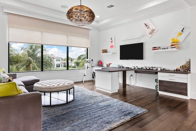 living room featuring dark hardwood / wood-style flooring and a tray ceiling