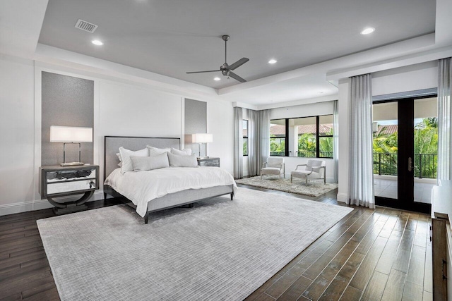 bedroom featuring access to outside, ceiling fan, french doors, and dark wood-type flooring