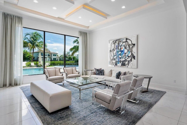 living room featuring ornamental molding, coffered ceiling, and beam ceiling