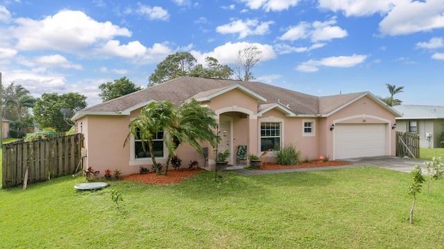 ranch-style house with a front yard and a garage