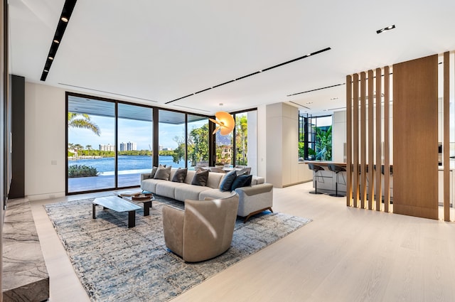 living room featuring floor to ceiling windows, a water view, and light wood-type flooring